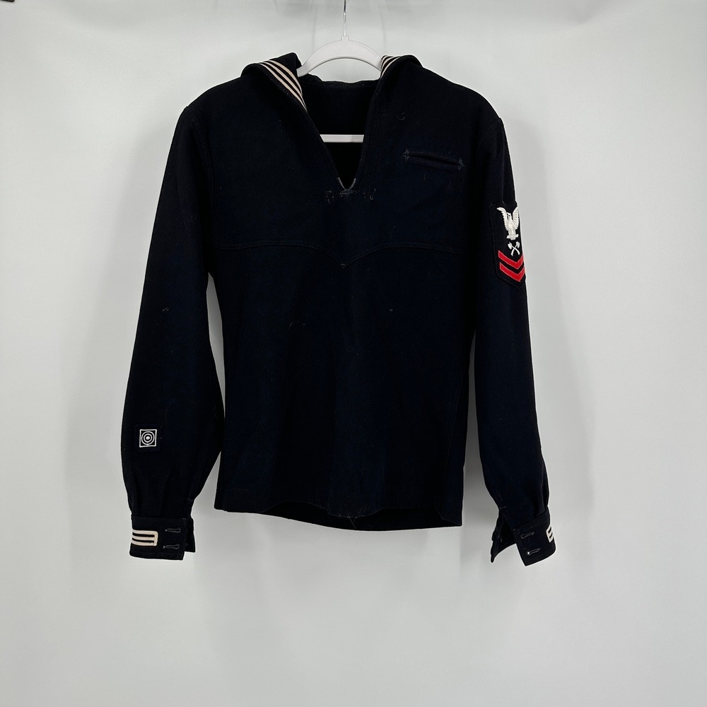 Vintage US Navy Wool Sailor Jumper Navy Blue Flap Collar Petty Officer Patch